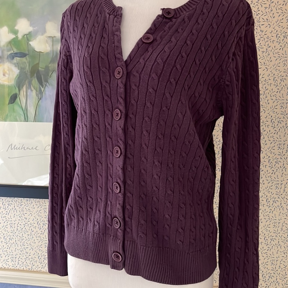 Ladies Plum Colored Button Up Cable Cardigan - image 4